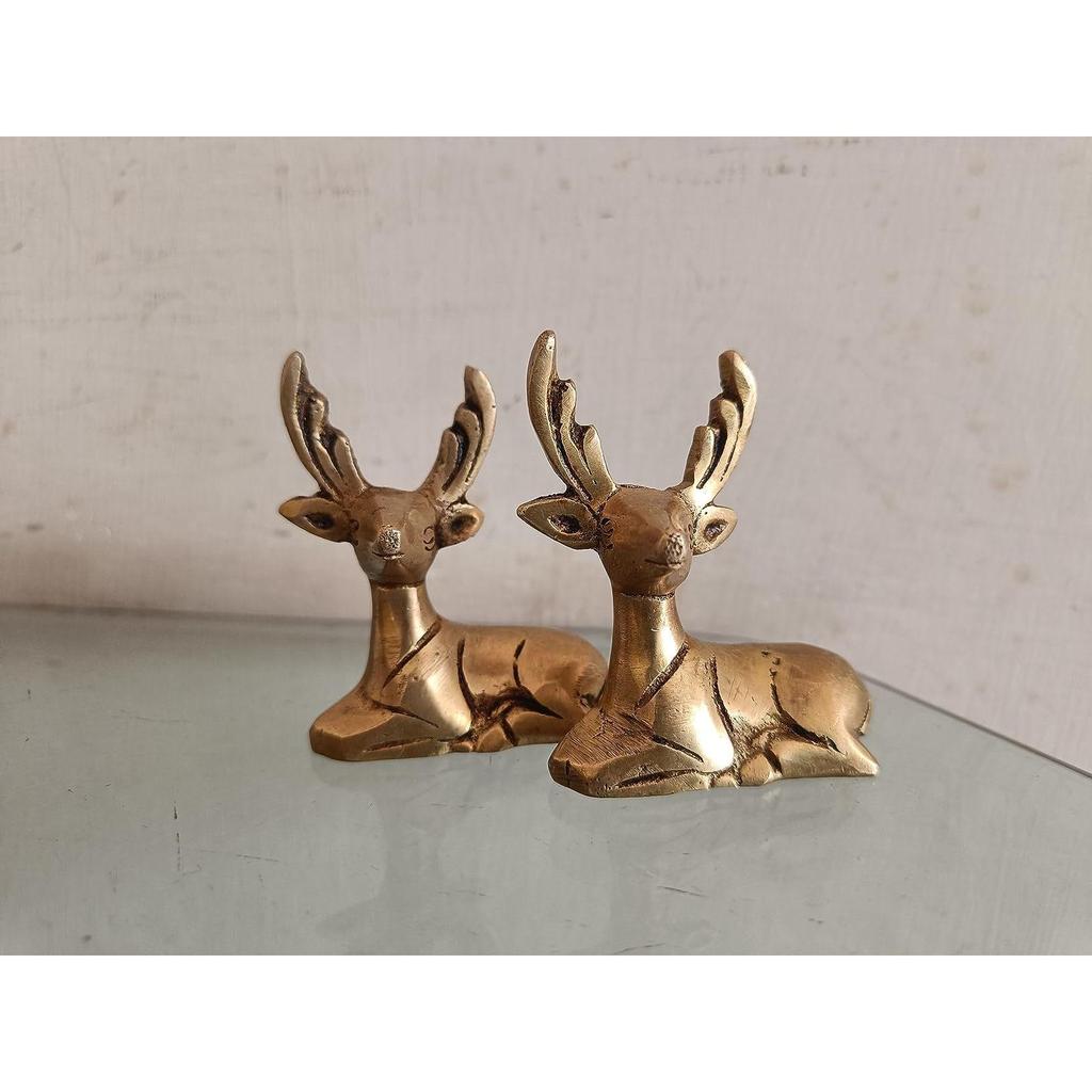 Brass Deer for Home Decor - 2 Piece (6.5 inches,) - 100% Pure Brass Decorative Brass Deer (Hiran) for Desk, Car,  Yellow Antique Finish