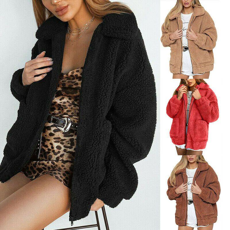 Bear Thick Womens Warm Fleece Jacket Coat Loose Zip Up Outwear Tops Casual