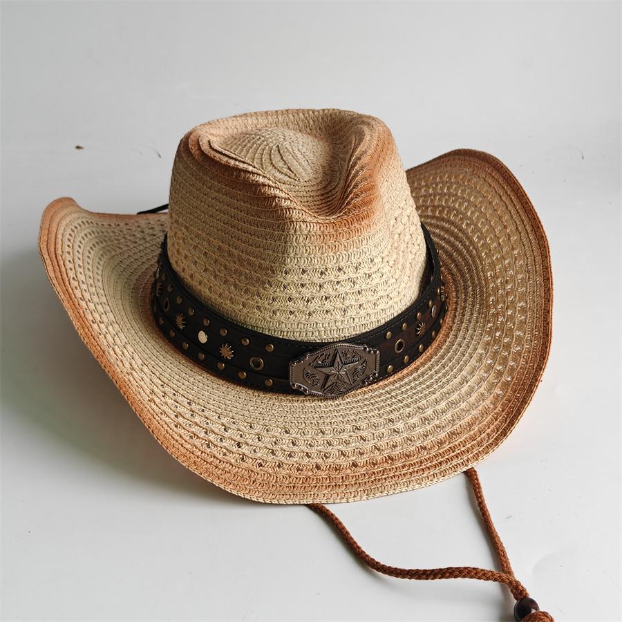 Western Cowboy Straw Hat For Men Women Vintage Outlaw Cowgirl Sun Sombrero Hat With Metal Star Emblem Band Beach Summer Caps
