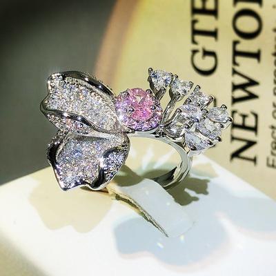 Elegantes Temperament Hellrosa Zirkon Schmetterling Blume Ring Weibliche Öffnung Luxus Hochzeit Party Geburtstag Schmuck Geschenk