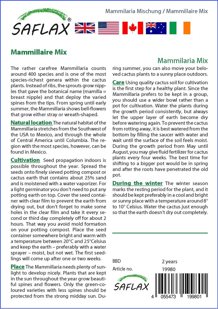SAFLAX Garden In the Bag - Mammillaire Mix - 40 Seeds - With Substrate In a Fitting Stand Up Bag - Mammilaria Mix