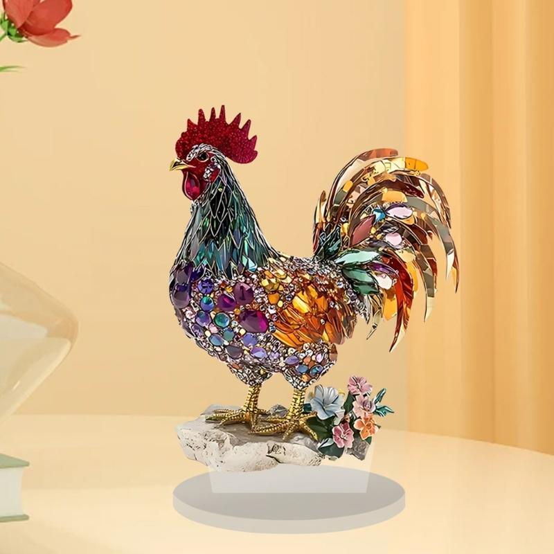 Rooster Statue Tabletop Ornament with Display Base Shatterproof Acrylic Animal Figurine for Home Office Desk Decoration