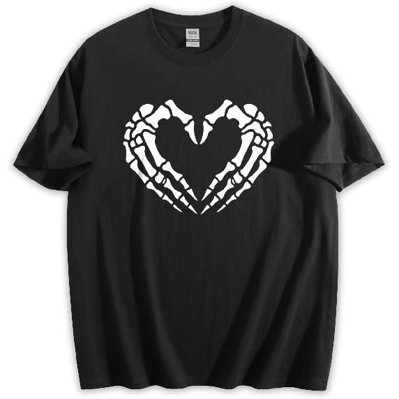 Unisex Loose Fit Crewneck Cotton T-Shirt, Skeleton Hands Forming Heart Shape Gothic Love Halloween Spooky Graphic Tee