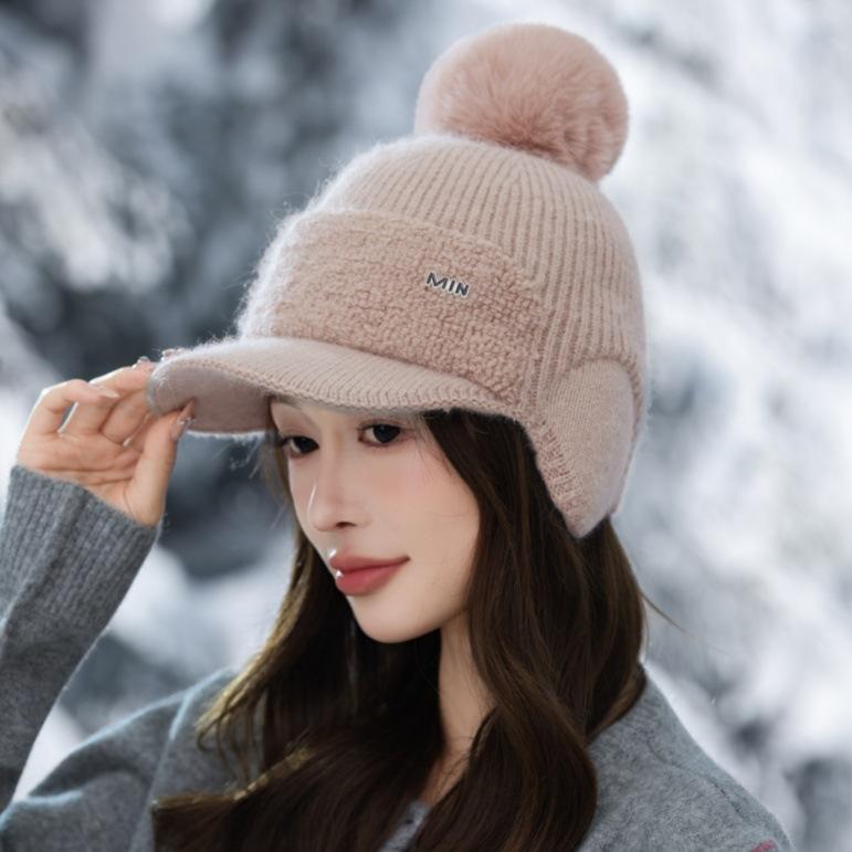Knitted Wool Hat Women's Autumn and Winter Outdoor Cycling Windproof Hairball Hat Cold-proof Warm Fleece Ear Hat