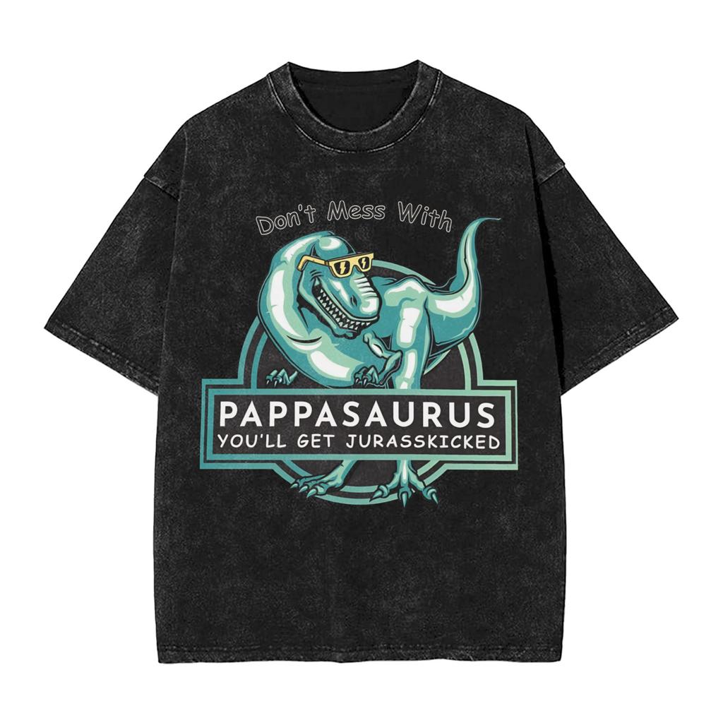 Papasaurus Washed TShirt Mens Vintage Casual TShirts Summer Crew Neck Novelty Tee Shirt Simple Oversized Clothing