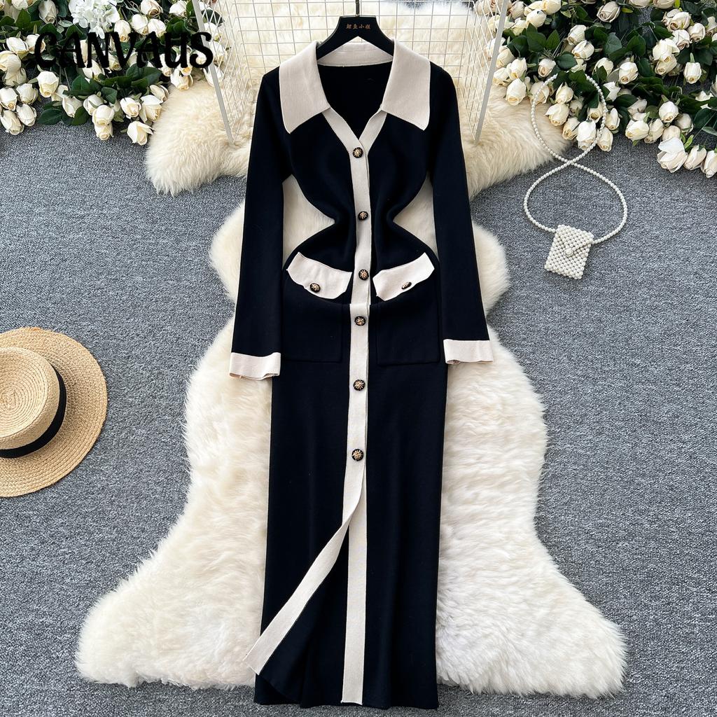 Women's French Retro Color Clashing Lapel Single-breasted Waist Temperament Split Knee-length Knit Dress