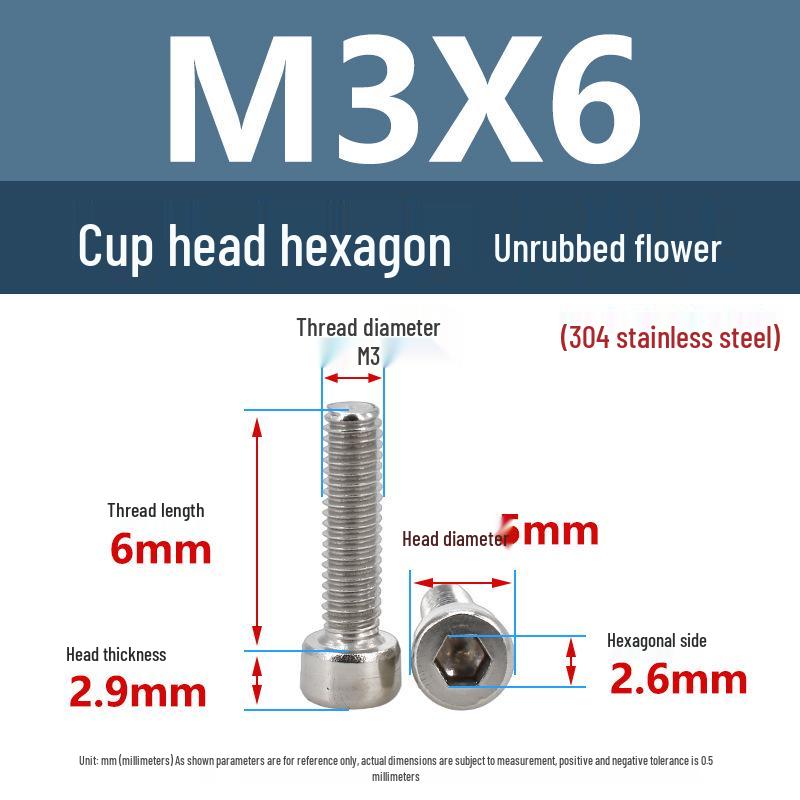 Yigu 304 Stainless Steel Socket Head Cap Screw, M2-M6 Cylindrical Head, Full Thread, Non-Knurled