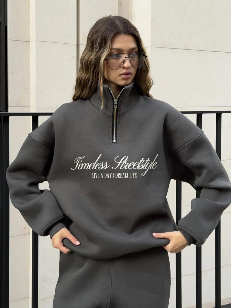 Letter Print Long-Sleeve Hoodie & Pants Casual Set Oversized Pullover Sweatshirt & Sweatpants Two-Piece Set