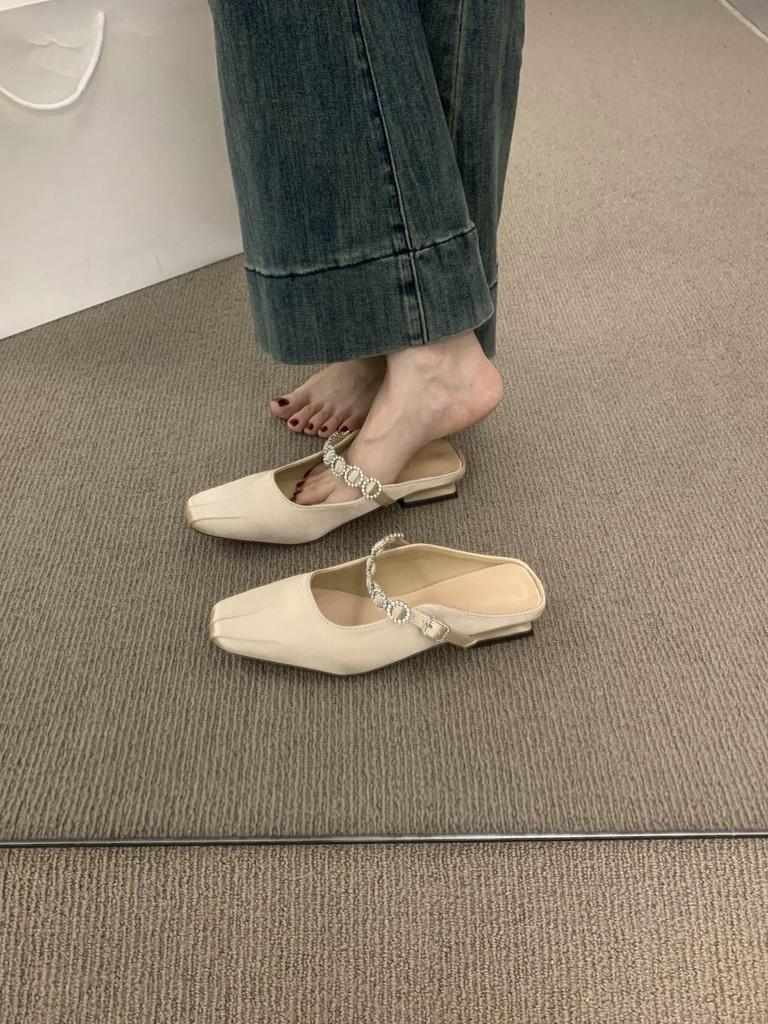 French niche fairy wind bag head half slippers female summer wear lazy one pedal satin low heel muller shoes sandals