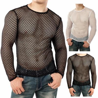 Men Club Top See-through Hollow Out Fishnet O Neck Short Sleeve Loose Thin Pullover Hip Hop Streetwear Men T-shirt