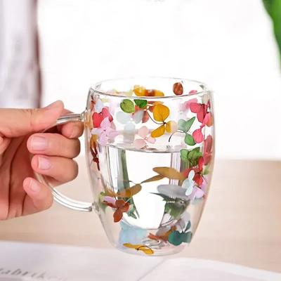 Creative Double Wall Glass Cup Dried Flower Filler Glass Cups Tea Coffee Cups Gifts High Borosilicate Glass Cups with Handles