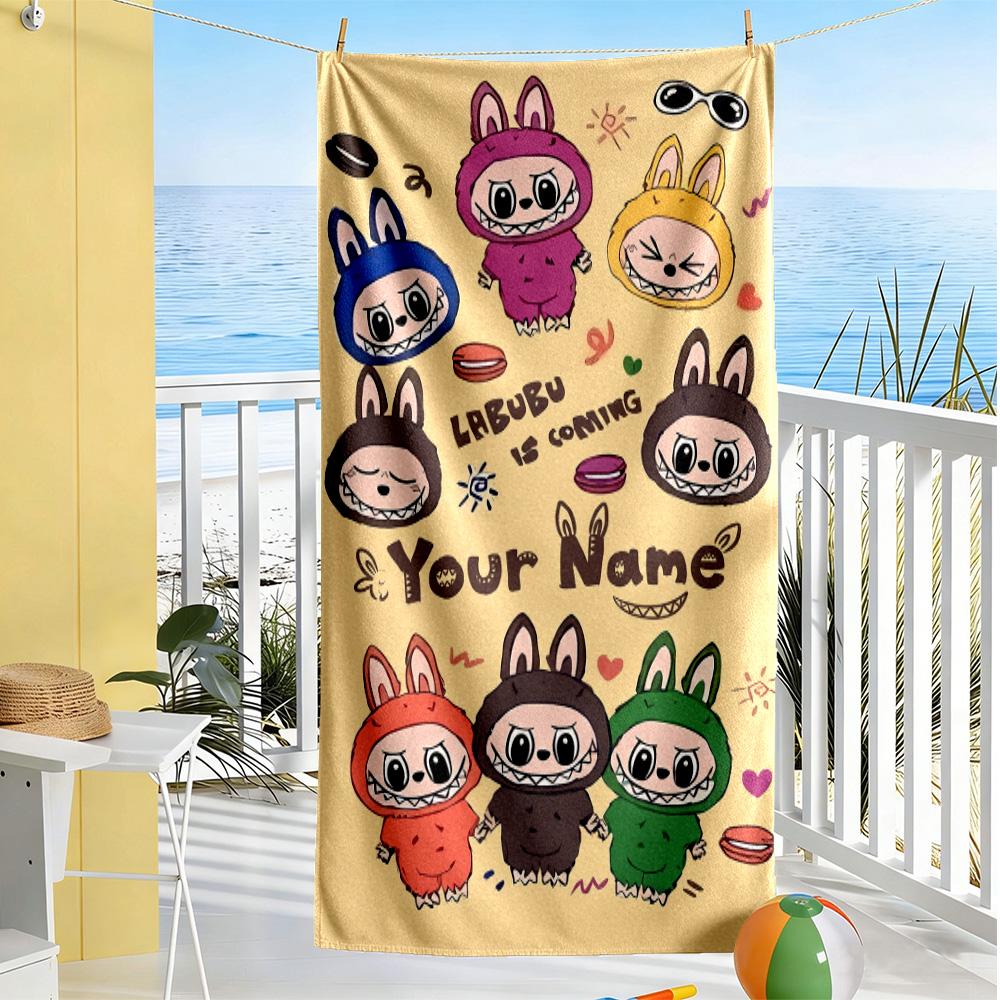 Labubu Customizable Name Beach Towel Super Soft Microfiber Quickdry Fabric Ideal for Travel Outdoor Swim Pool Yoga Surf Camping Hiking Gym Gift Holida
