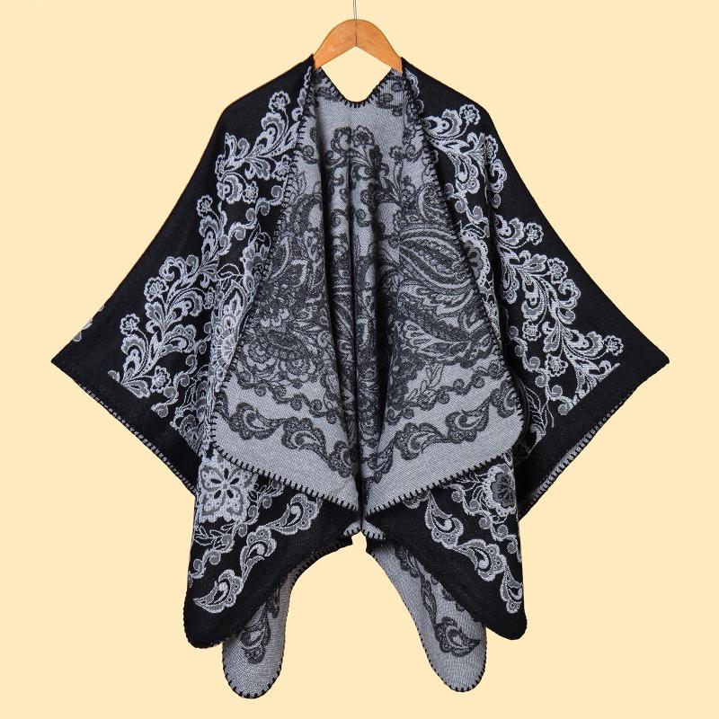 Women's scarf shawl retro jacquard thickened imitation cashmere split warm shawl cape autumn and winter models