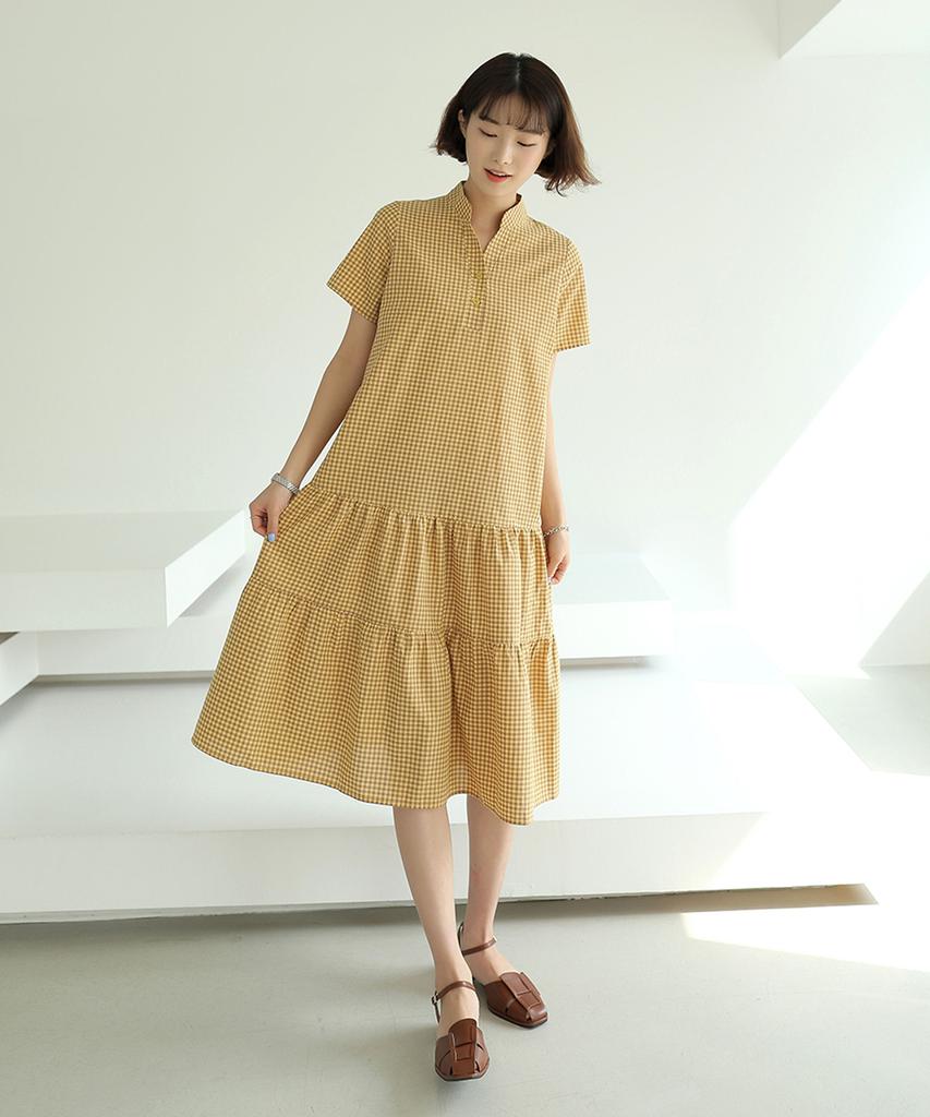 Ppaeppae Waffle Half-Open Check Long Dress
