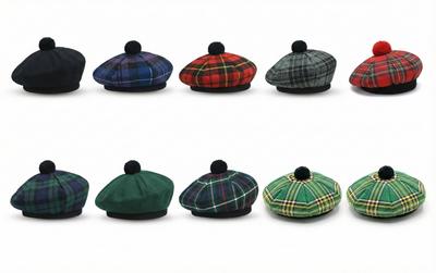 Scottish Beret Tam O Shanter Tammie Bonnet Tartan Hat Acrylic Wool Cap Pompom