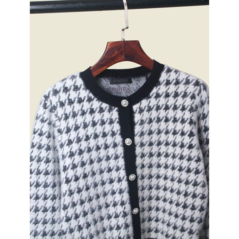 American Brand G Home Mink-like Wool Long Sleeves Cardigan Export round Neck Classic Style Houndstooth Women's Sweater Outwear