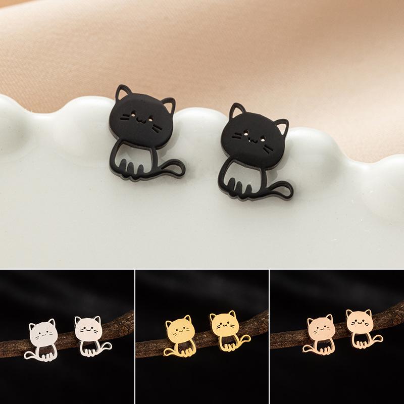 Boucles d'oreilles Puces Mignonnes Chaton Dessin Animé en Acier Inoxydable Coréen pour Filles