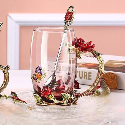 European Vintage Enamel Tea Cup Handmade Crystal Glass With Milk Lemon Flower Design Luxury Drinkware Gift Set For Home