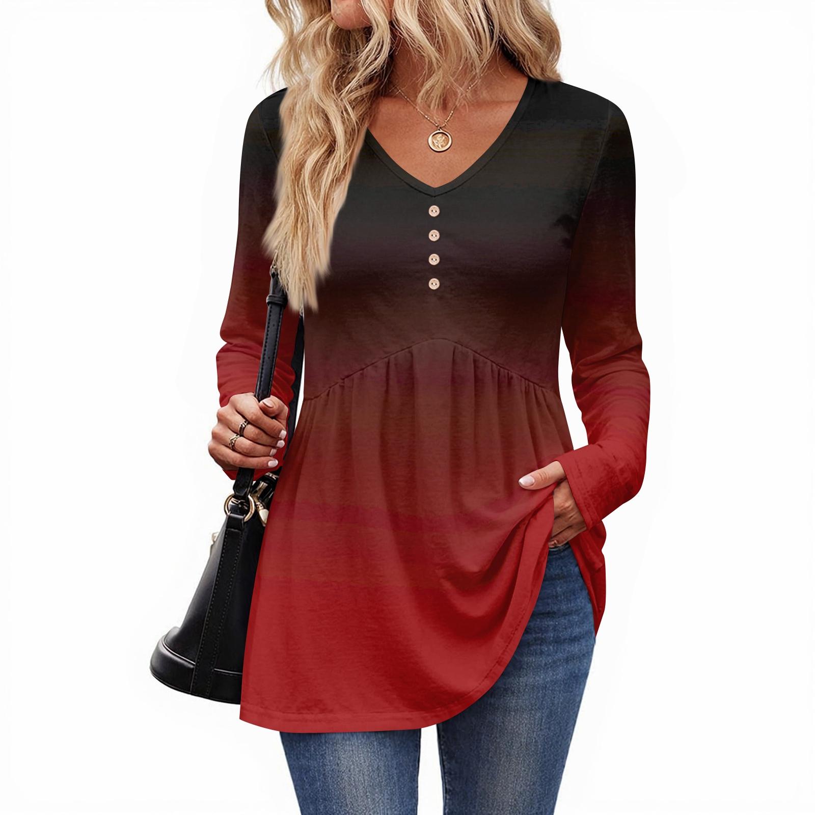 

Женский повседневный модный топ с V-образным вырезом, пуговицами, градиентом и длинными рукавами M