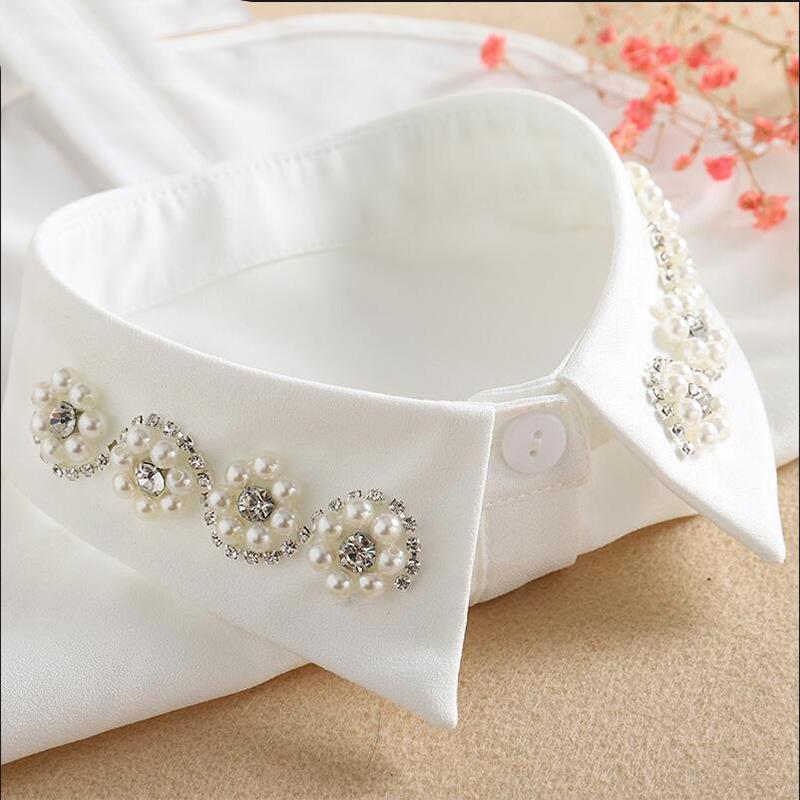 Perfect Match Bead Fake Collar Shirt Women White False Collars Woman Pearl Women Beaded Detachable Collar Necktie Black Chiffon Half Shirt
