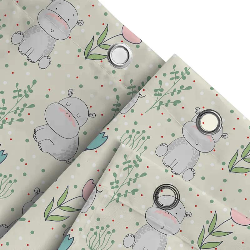 Adorable Hippo Family Shower Curtain Neutral Colors With Greenery Flowers For Bathroom Decorations Set Inclusive