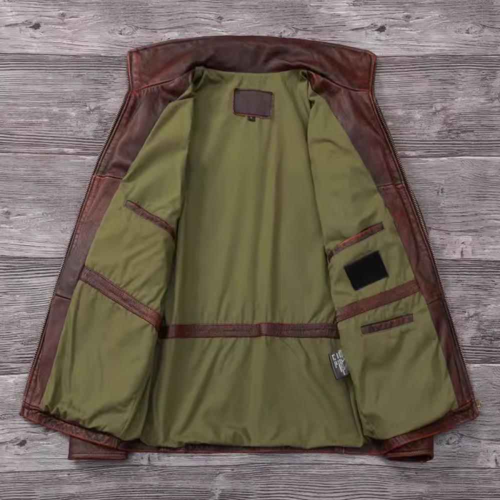 Chinese Size Vintage Red Brown Men Leather Jacket M65 Hunting Flight Jacket Genuine Cowhide Coat Autumn