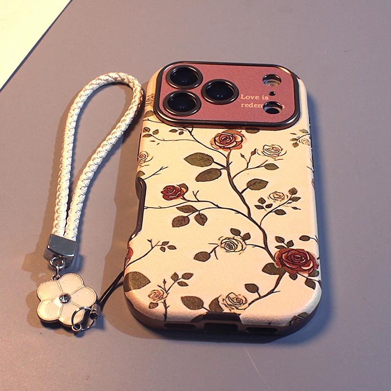 Suitable for apple 17pro mobile phone case eather texture window camellia16/15/14/13/12/11 all-inclusive anti-fall 16pro simple niche protective cover