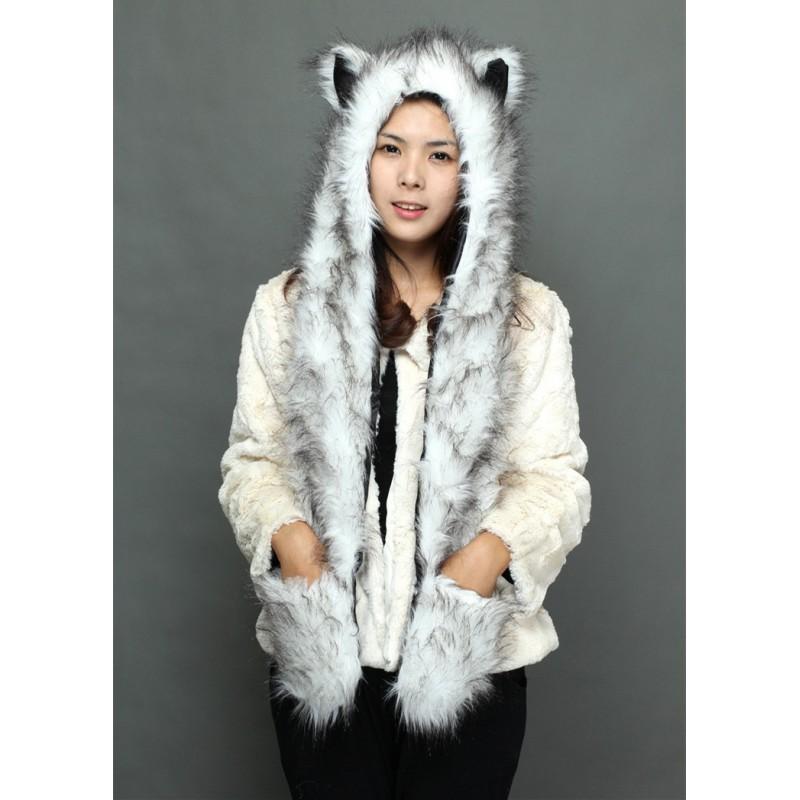 Faux Fur Fox Hat With Ears Scarf Gloves Combo Cute Cartoon Winter Warm Headwear Adults