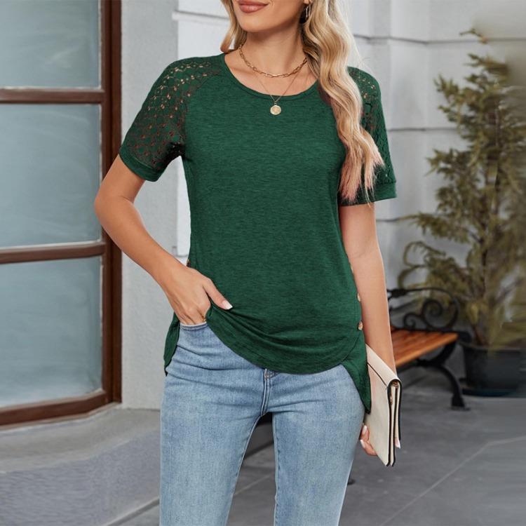 Women's Fashion Casual T Shirt Spring Summer Short Sleeve Round Neck Lace Tops New