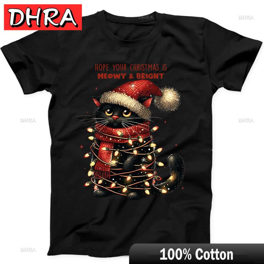 

Christmas Lights Black Cat Santa Meowy Bright Funny Gift Black T Shirt Y2K Aesthetic Clothing Tees for Daily Wear TShirt Hombre S