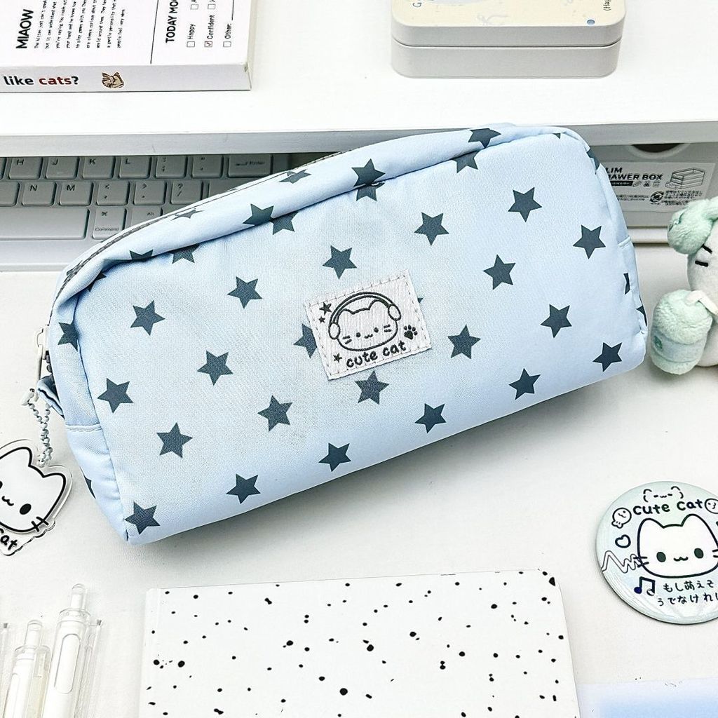 Starry Dot Cat Pencil Case With Fabric Material For Students And Girls