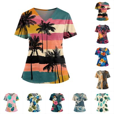 Uniforme/Top Feminino Havaiano com Estampa, Decote V, Bolsos Duplos e Manga Curta