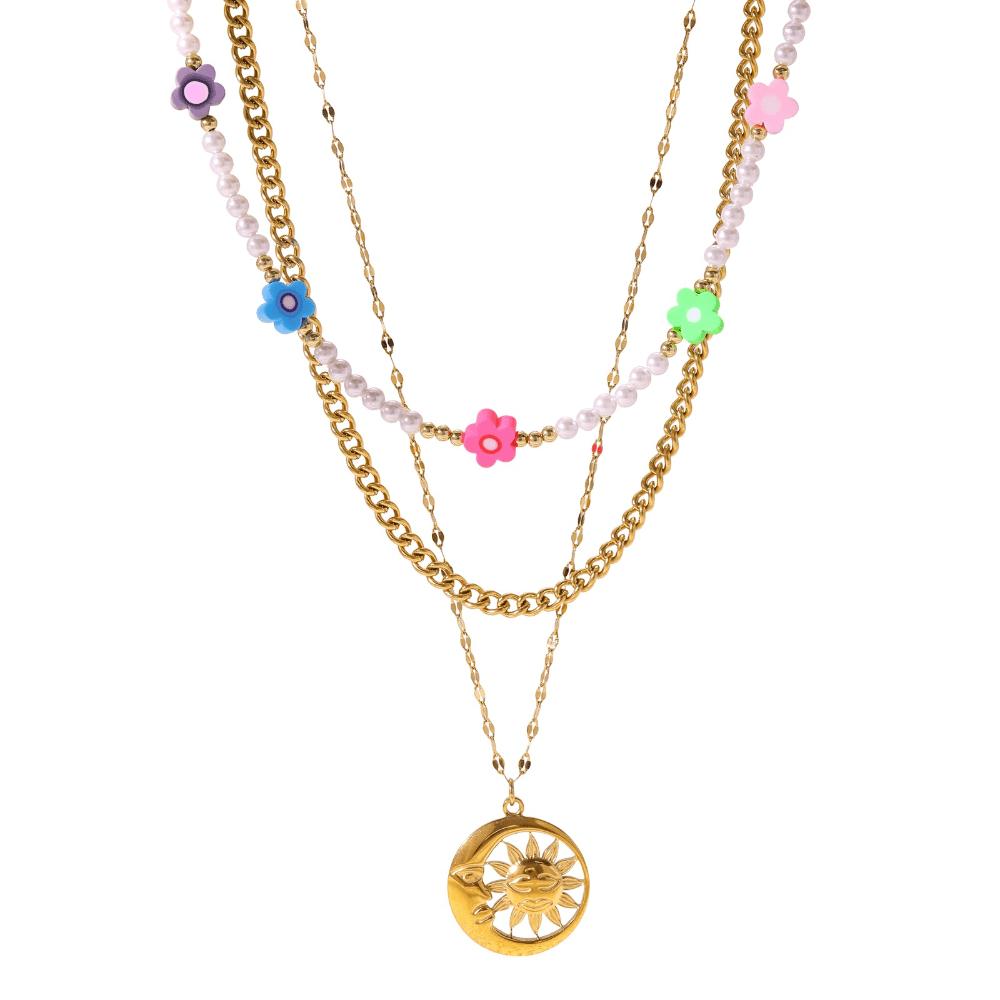 Small Flower Three-layer Necklace Round Card Stacked Fashion Trend Collarbone Chain