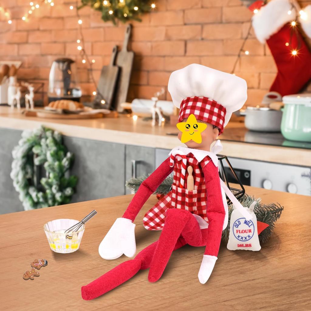 Mini Apron Clothing for Doll Christmas Elf Doll Baker Set Elf Chef Clothing Dress up Accessories Including Chef Hat,Rolling Pin,Egg Beater,Baking