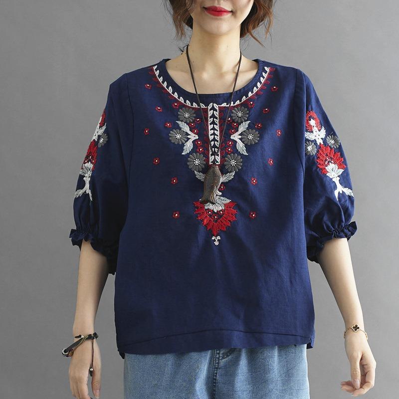 Letnia Nowość Styl Retro Literacki Luźna i Wszechstronna Etniczny Styl Bawełniana i Lniana Haftowana Koszula dla Kobiet