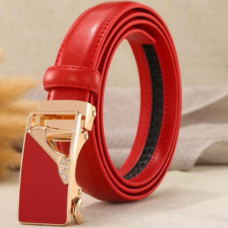 Womens Automatic Buckle Belt Red Genuine Leather Waistband Business Casual Youth Fashion Cowhide Trouser