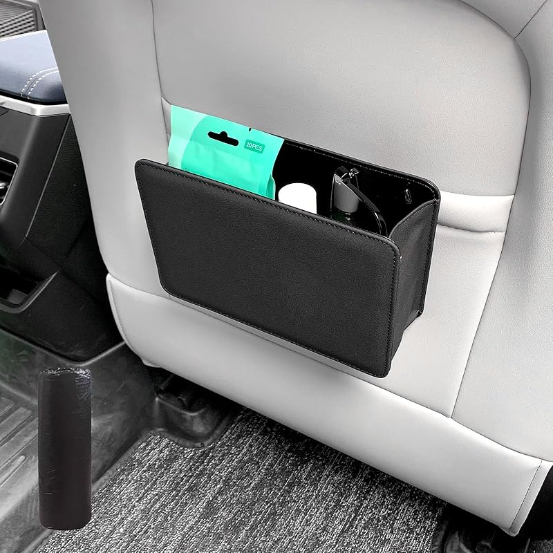 Car Trash Can Multi-Function Garbage,Small Automotive Door Organizer,Leather Car Trash Can Front Seat,Car Seat Back Storage Box (Black)