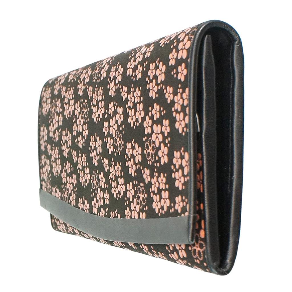 Inden Long Black with Pink [Inden-ya] Wallet, Thin, Deerskin, Lacquer, Forget-Me-Not Pattern, 2311-51-181
