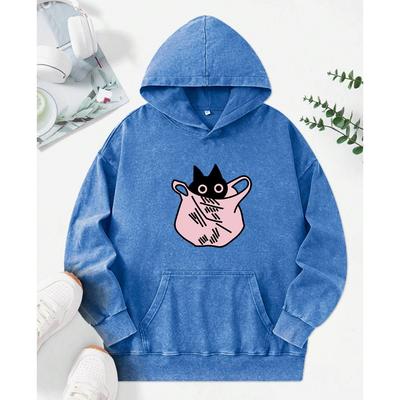 Bluza z kapturem damska prana z nadrukiem Kot w kieszeni Jesienna bluza z kapturem Wielokolorowa odzież uliczna Bawełniane pulowery Luźne bluzy z kapturem