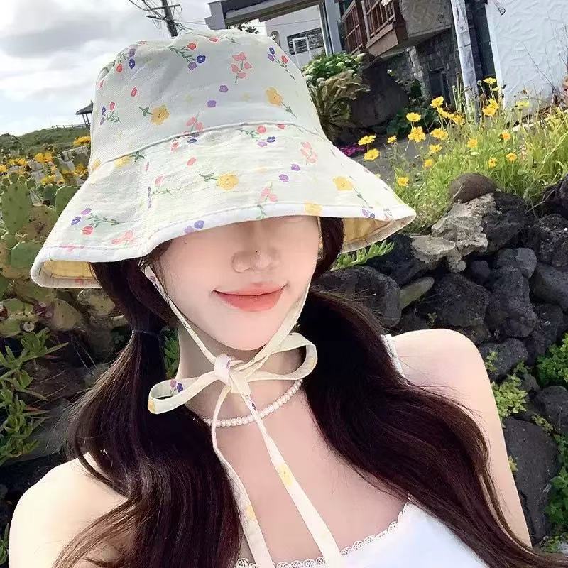 Cute Floral Doublesided Fisherman Cap With Adjustable Fit For Summer Sunshade