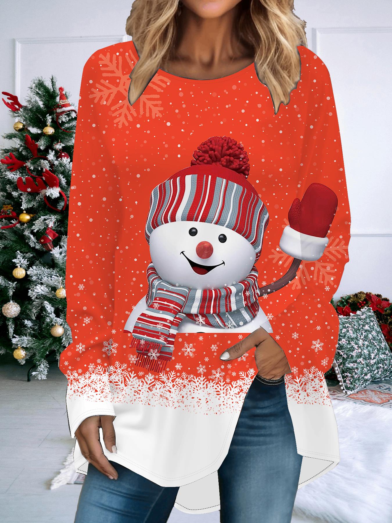 

Жіноча футболка великого розміру з принтом на весну/різдво, зручна, з довгим рукавом, круглим вирізом, повсякденна, мішкувата, середньої довжини, топи L червоний