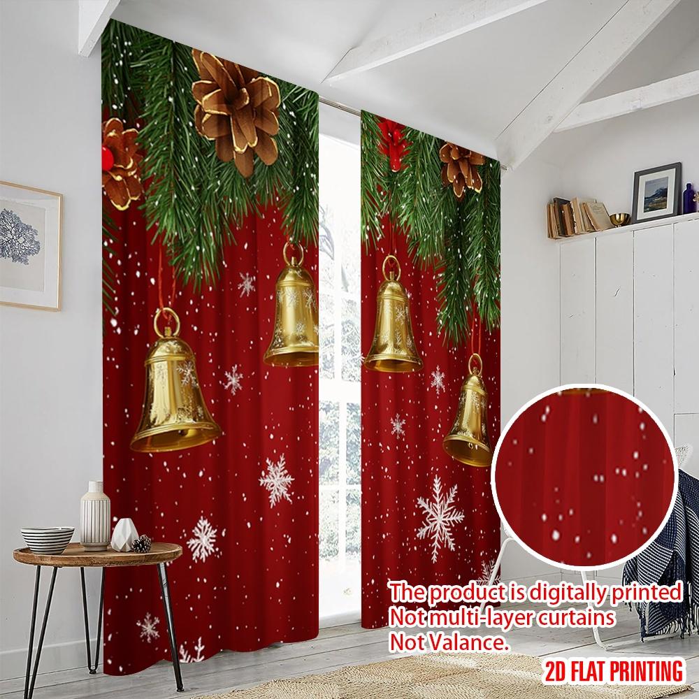 2pcs,2D Plane Printing Pattern Curtains Christmas Bells Snowflakes Holiday Durable 100% Polyester Fabric (without Rod) Versatile