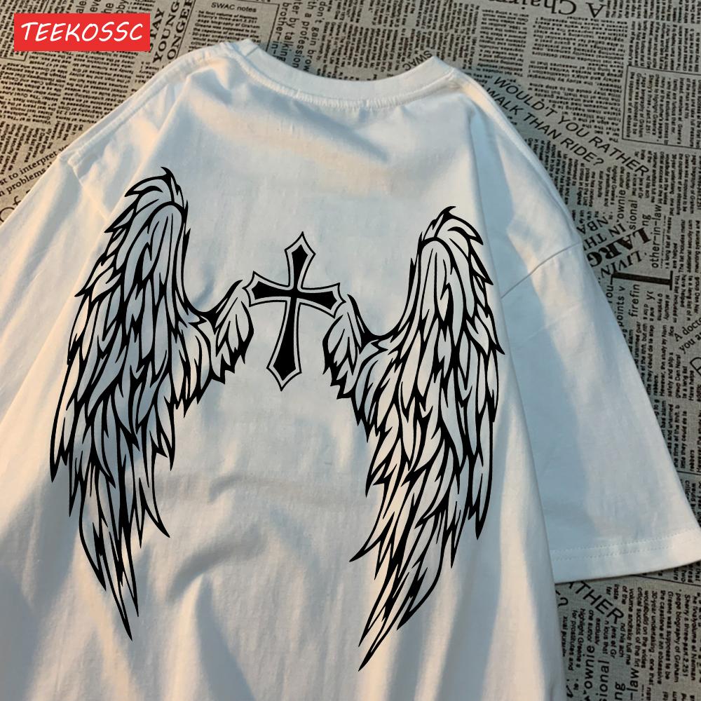Casual Cotton Womens TShirts Cross Body And Flying Wings Funny Prints Short Sleeve ONeck Soft Oversize Fashion Female Clothes