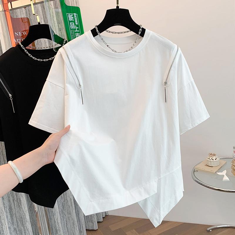 

DIMANAF 2024 женская футболка на молнии, женские однотонные хлопковые свободные топы с короткими рукавами и футболки с круглым вырезом One Size белый
