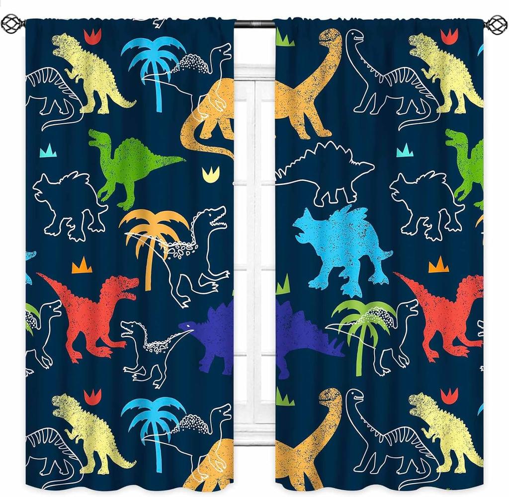 Boys Dinosaur Curtains,Cartoon Colorful Safari Animal Navy Blue Drapes Treatments For Boys Girls Children Nursery Living Room