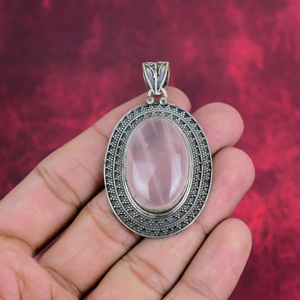 Rosenkvarts Hänge 925 Sterling Silver Hänge, Ädelstenssmycke Handgjort Kedjehänge, Fantastiskt Smyckesgåva Till Henne