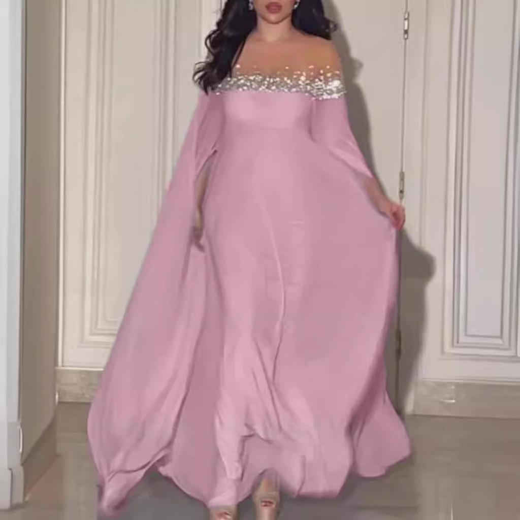 2023 Spring Summer Elegant High Waist Chiffon Evening Gown with Pearls
