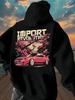 Blue Hoodie with "IMPORT REVOLUTION" Graphic - Pink Car & Cherry Blossom Design