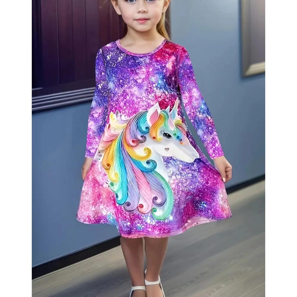 Girl Casual 3D Flower Print Round Neck Long Sleeve Dress Kid Princess Dress 80 фиолетовый
