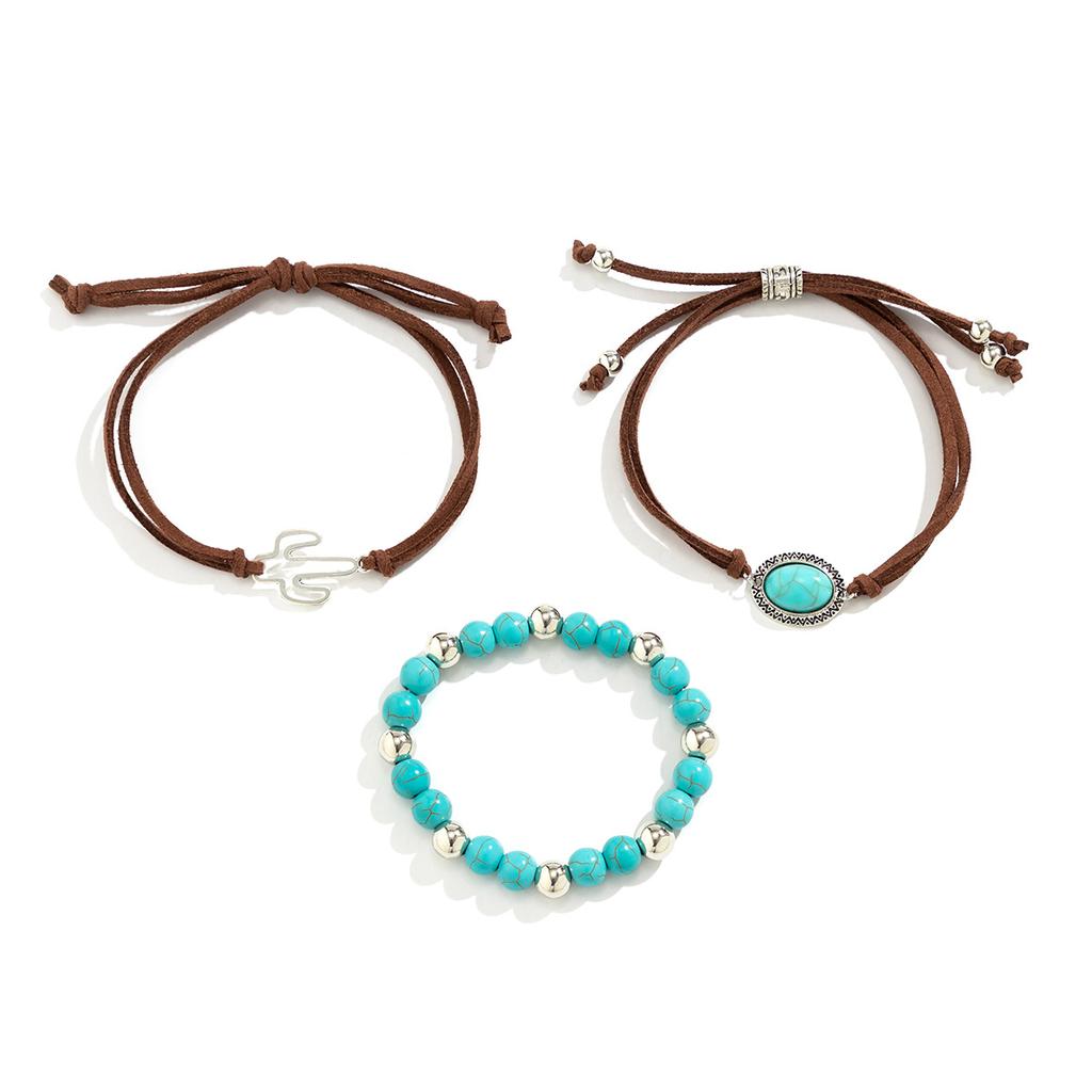 European and American Jewelry Retro Imitation Turquoise Sweater Chain Niche Beaded Necklace Set Ethnic Style Cactus Necklace Decoration